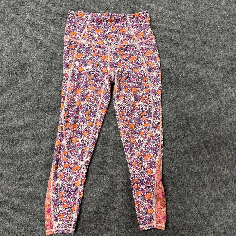 FP Movement Leggings Womens Size XS Purple Orange Floral High Waist Yoga Pockets